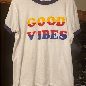 'Good Vibes' White Ringer Tee with Multicolor Graphic